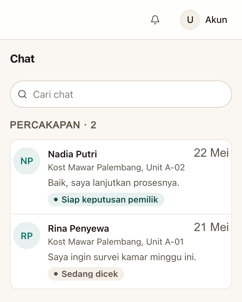 Tangkapan layar daftar chat calon penyewa di aplikasi Sevano